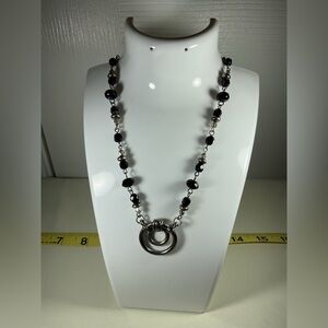 Black Faceted Beaded Necklace with Silver Tone Double Ring Pendant Classic